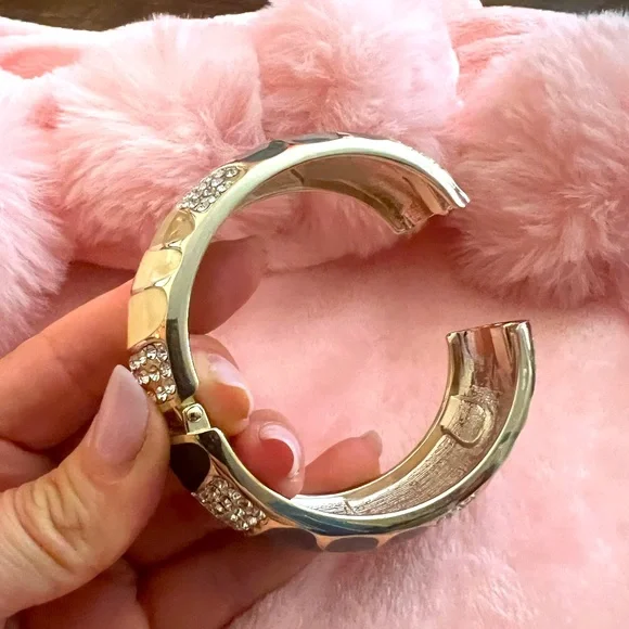 Gold Tone Geometric Shapes Bracelet w/ Rhinestones Black, Grey, & Cream Design - Picture 4 of 5